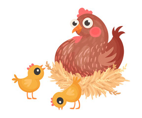 Hen Sitting on Eggs with Chicks Walking Nearby Vector Illustration