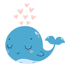 Flat vector illustration of a cute cartoon blue whale with a fountain of pink hearts. Color illustration of a whale in doodle style.