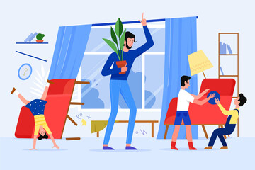 Angry father scold children vector illustration. Cartoon flat stressed dad parent character scolding naughty kids, making mess at home living room. Stress of parenthood, fatherhood problem background
