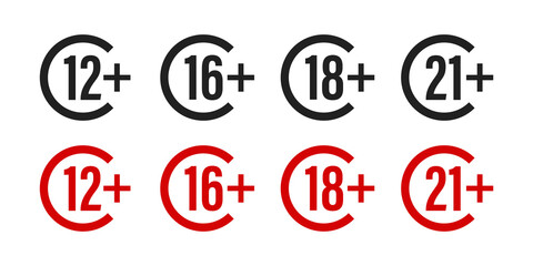  Age restriction .Set of age restriction on white background . Red and black sign , vector illustration .12 + 16+ 18 + 21+