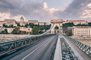 Chain bridge on Danube river at sunrise in Budapest, Hungary