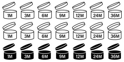 pao symbol shelf life vector icon. cosmetic open period use logo. 3, 6, 12, 24, 36, 3m, 6m, 12m, 24m, 36m month best before product mark. cream eu pack label. isolated white background set