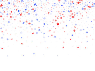 Flying red blue white star sparkles on white vector american patriotic background.