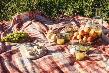 Healthy picnic for a summer vacation with freshly baked loaf, fresh fruit and cheese and glasses of refreshing orange juice on a red and white checked cover.
