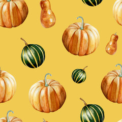 Watercolor hand painted seamless pattern with ripe orange and green pumpkins on light orange background. Perfect for creating unique fall, thanksgiving or halloween designs.