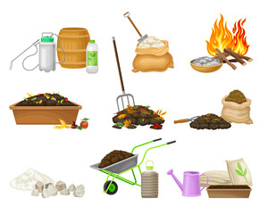 Organic Fertilizer Piles and Packs as Natural Nutrients for Soil and Plant Growth Vector Set