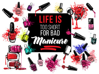 Nail polish bottles banner design set. Vector fashion sketch. Manicure salon watercolor illustration poster or logo. Red, pink, purple, beige lacquer colors.  Isolated on white background