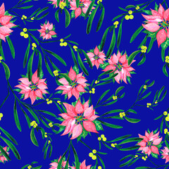 Fototapeta na wymiar christmas floral seamless pattern with watercolor mistletoe and poinsettia on blue background