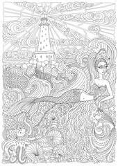 Vector nautical contour thin line illustration. Mermaid, sea island, waves, lighthouse, fish, pearl shell, octopus. Black and white Hand drawn abstract sketch artwork. Adults coloring book page