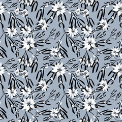 floral seamless black and white pattern on gray background