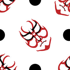 Vector Japanese drama Kabuki face seamless pattern background. Red and black theatre mask and circles on white backdrop. Hand drawn stylised aragoto illustration. All over print for far east concept