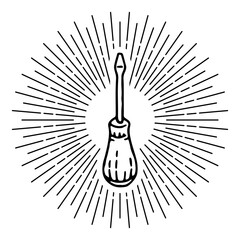 Old school builder vector illustration with screwdriver with outline and geometric diverging beams in classic black and white retro style