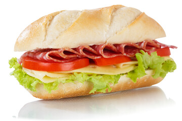 Sub sandwich with salami ham and cheese isolated on white