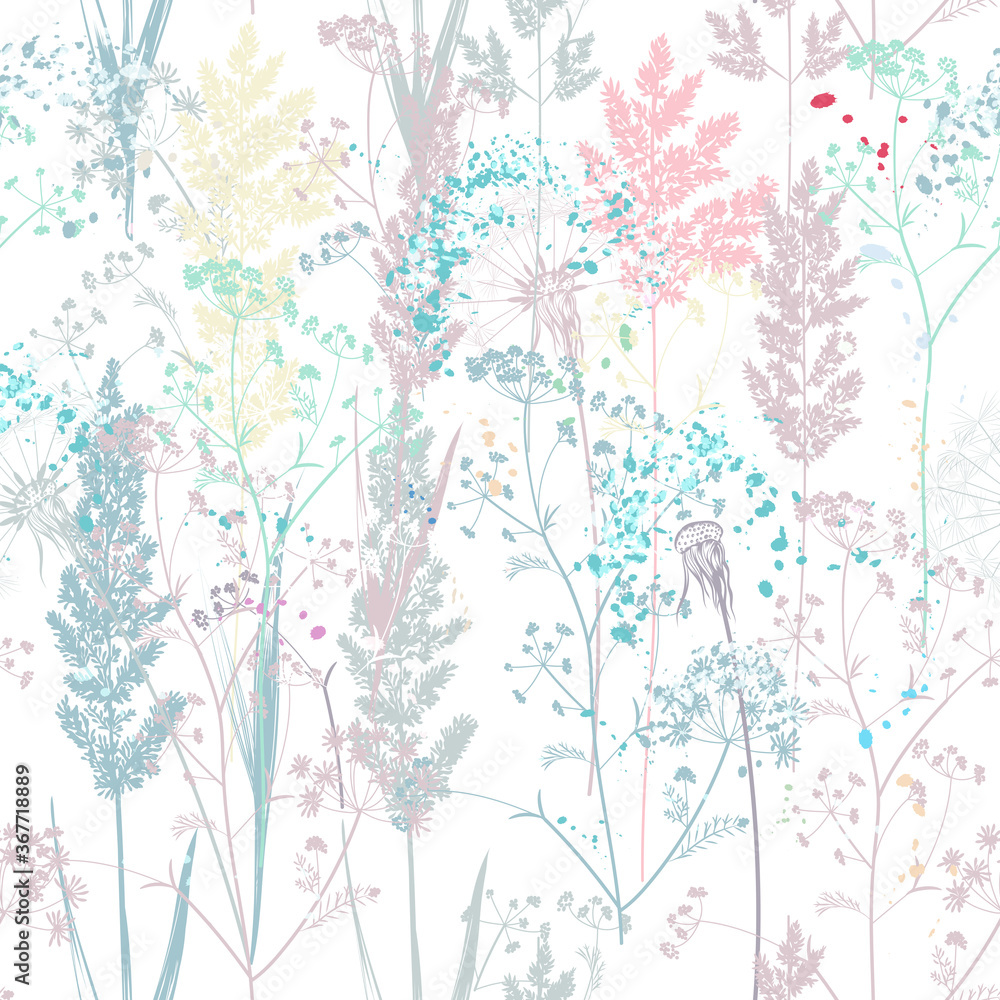 Poster floral rustic vector seamless pattern with colorful pastel plants for design