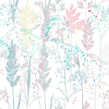 Floral rustic vector seamless pattern with colorful pastel plants for design