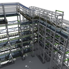 Cover of the construction project of a BIM model of a building made of metal structures. Presentation of the project for the customer, contractor and construction organizer. 3D rendering.