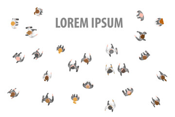 A group of businessmen and a businesswoman. Top view. Crowding people. View from above. Space for text.