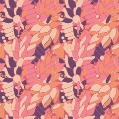 Modern colored seamless pastel pattern with flowers and geometric elements. Purple, orange, pink and beige colors