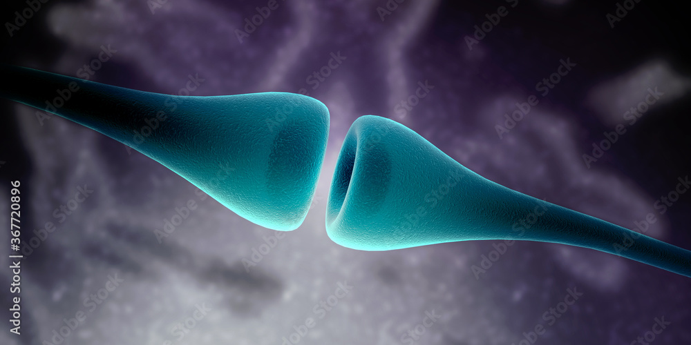 Poster synapse and neuron cells sending electrical chemical signals. 3d rendering