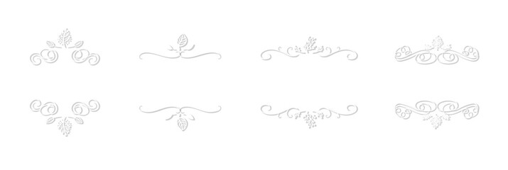 Vector set of paper cut out art style floral frames, swirly lines, calligraphic decorative elements collection, soft shadows.
