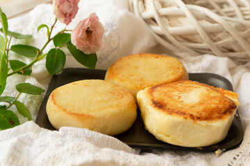 Quark cheese fried pancakes. Traditional russian sweet syrniki.