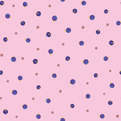 Blueberries polka dot seamless vector pattern. Summertime farm fruit surface print design for girly fabrics, stationery, textiles, home decor, wrapping paper, scrapbooking, and packaging.