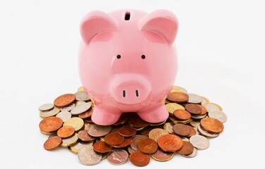 Coins surrounding a piggy bank