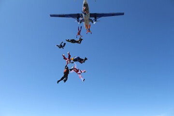 Skydiving. Skydivers have just jumped out of a plane.