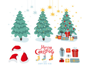 New Year card with Christmas tree, santa hat and presents. Elements for a festive design. Cartoon style. Christmas tree with gifts