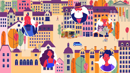 Refer a friend concept with people in the city. People communicate in the city, neighbors. Cartoon colorful vector illustration.