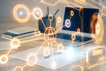 Computer on desktop with social network theme icon. Multi exposure. Concept of international connections.