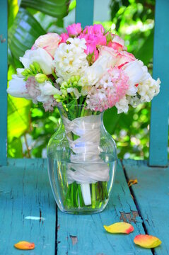 Vase with beautiful  flowers on table

A