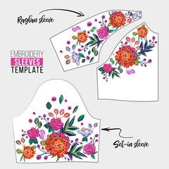 Embroidery flower raglan sleeve and set-in sleeve neck line patch for t-shirt design. Floral print for textile and fabric vintage tribal illustration isolated on white background