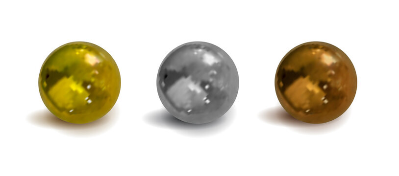 Vector realistic metallic balls set with shadows isolated, 3D illustration, golden, chrom, silver, bronze colors, shiny material.