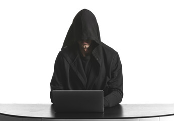 Professional hacker using laptop at table against white background