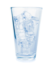 Glass of ice cubes on white background