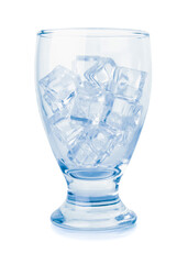 Glass of ice cubes on white background