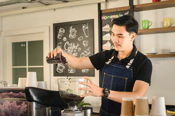 The young barista is determined to make coffee meticulously.