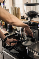 using of coffee machine at the cafe. close up image