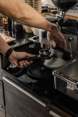 using of coffee machine at the cafe. close up image