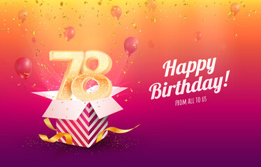 Celebrating 78th years birthday vector illustration. Seventy-eight anniversary celebration background. Adult birth day. Open gift box with flying holiday numbers