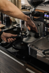 using of coffee machine at the cafe. close up image