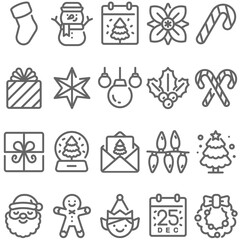 Christmas icon set vector illustration. Contains such icon as Santa claus, Elf, Snow ball, xmas tree, Snow man, Christmas flower and more. Expanded Stroke