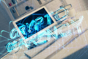 Multi exposure of blockchain theme hologram and table with computer background. Concept of bitcoin...