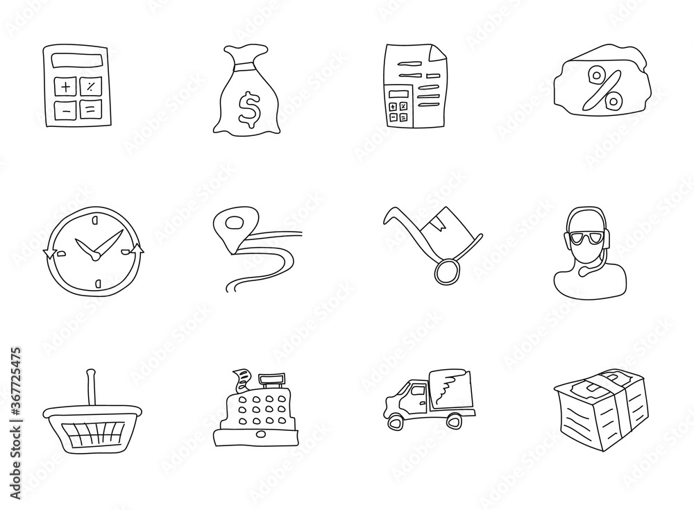Poster e-commerce doodles isolated on white. e-commerce icon set for web design, user interface, mobile app