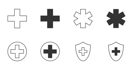 Icons medical cross, emergence, protection. Editable stroke. Hospital pharmacy ambulance pictogram symbols