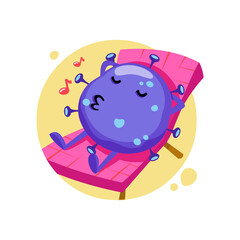 Sunbathing on the beach cartoon of Covid-19. Funny vector design of Coronavirus character