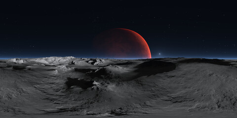 360 degree panorama of Phobos with the red planet Mars in the background, environment HDRI map. Equirectangular projection, spherical panorama. 3d rendering