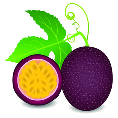 Whole passion fruit and half with leaves isolated on white background.