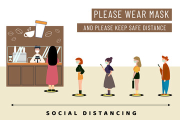 Social distance in New normal Concept,  Men and women wearing medical face mask live at Coffee shop.Protection after pandemic covid-19 corona virus.Flat vector Illustration.
